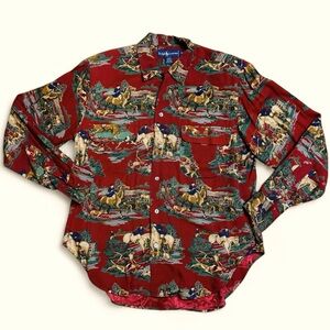 Ralph Lauren Red Equestrian Horse Dog Hunt Pattern Shirt Rayon Blouse Vintage 10